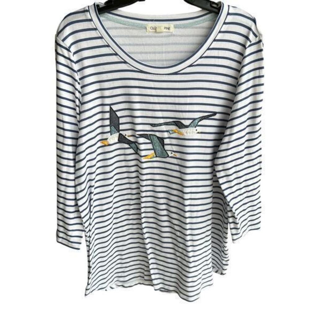 CLOVER + PINE Blue strip embroidered seagulls soft lightweight Beachy top sz XL